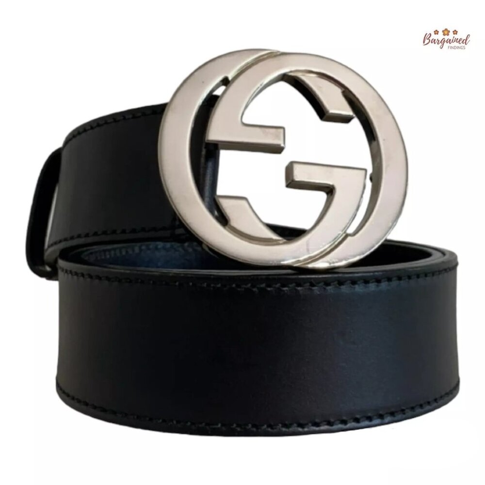 Authentic Gucci Black Calfskin Silver Interlocking G Buckle Belt Size 85/34